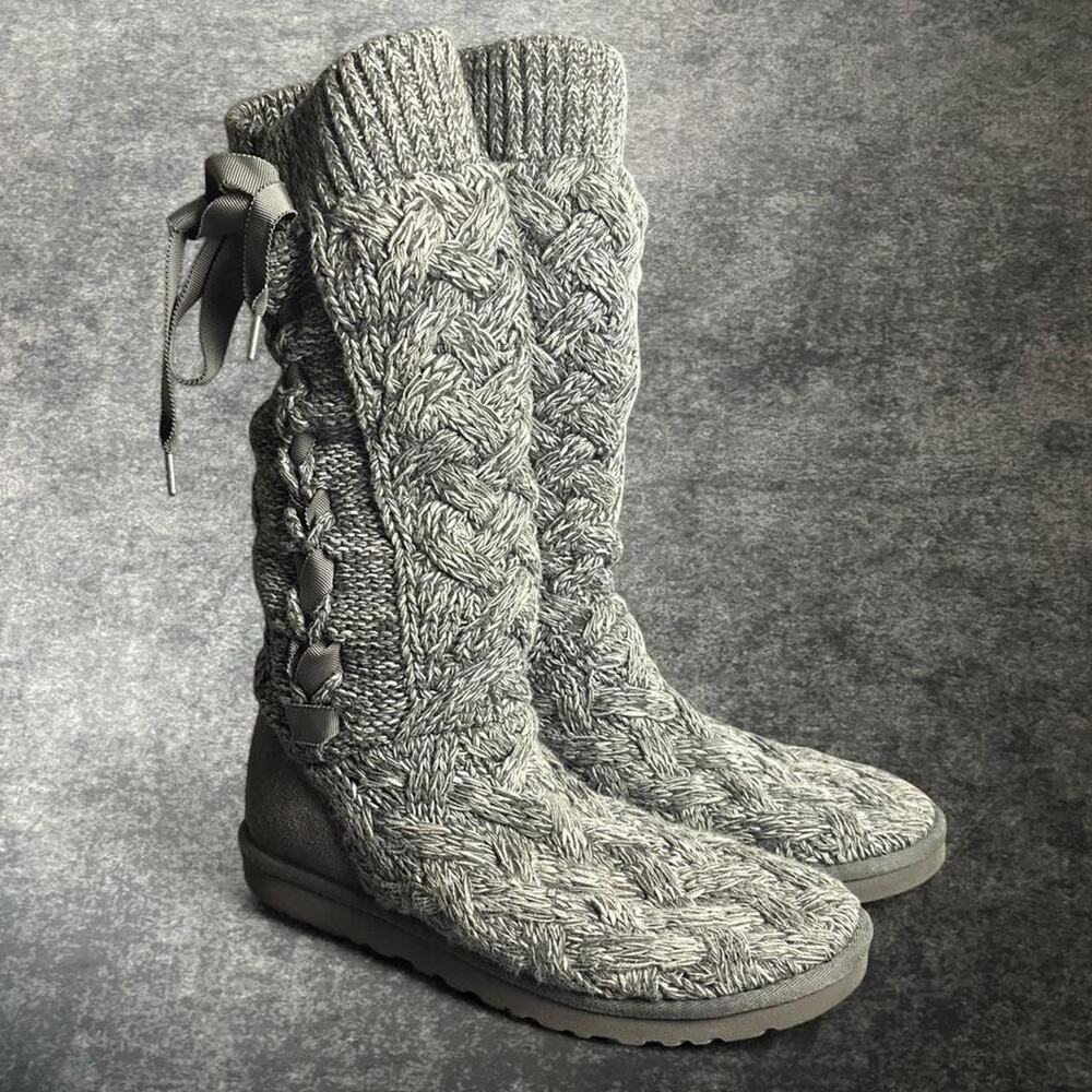 UGG Australia Mahalya Gray Cable Knit Ribbon Lace Up Tall Boots Women’s 9